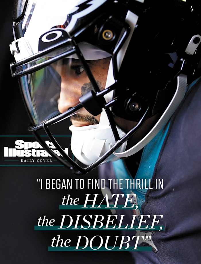 Jalen Hurts looks out before pre-game introductions